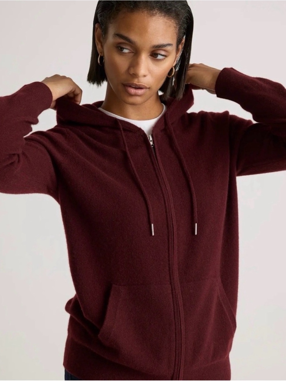 Quince | Mongolian Cashmere Zip-Up Hoodie in Deep Burgundy, Sz L